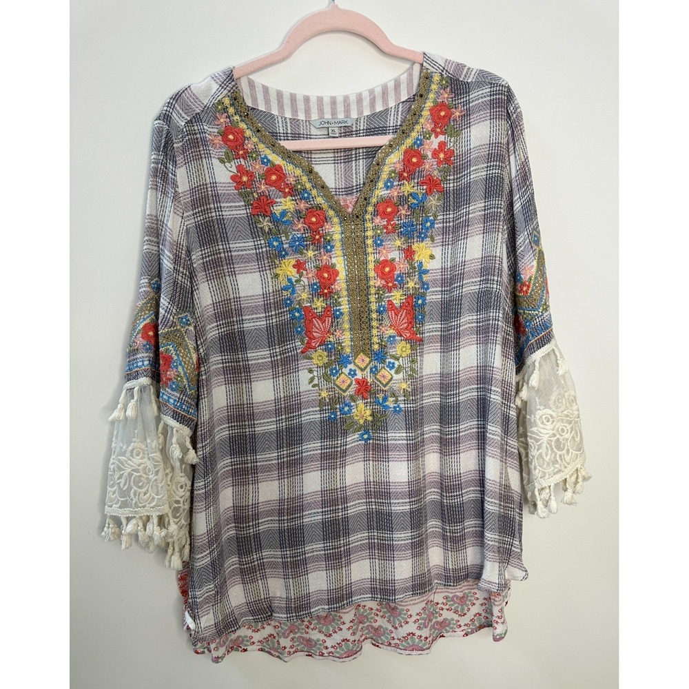 John Mark Boho Embroidered Plaid Tunic Top Lace Tassel Sleeve Blouse Womens XL - Picture 13 of 14